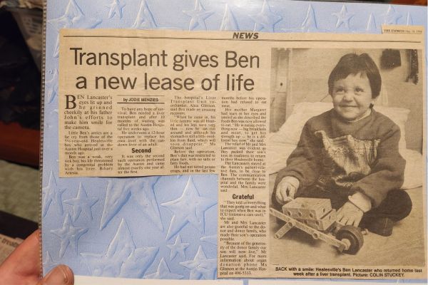 Newspaper article with the heading 'Transplant gives Ben a new lease of life'